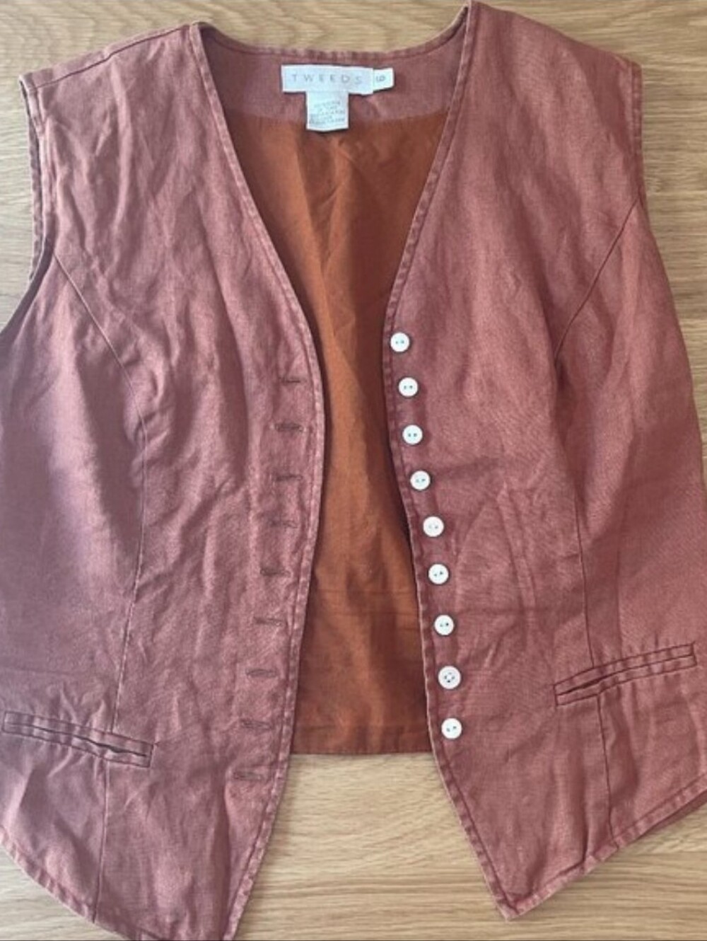 TWEEDS Rust Linen Button Front Vest
